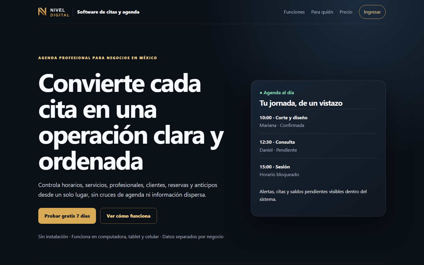 Vista real de la página de Software de citas y agenda